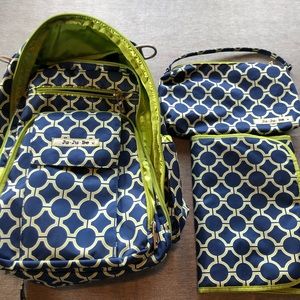 JuJuBe diaper bag with matching changing mat, small purse and pacifier holder